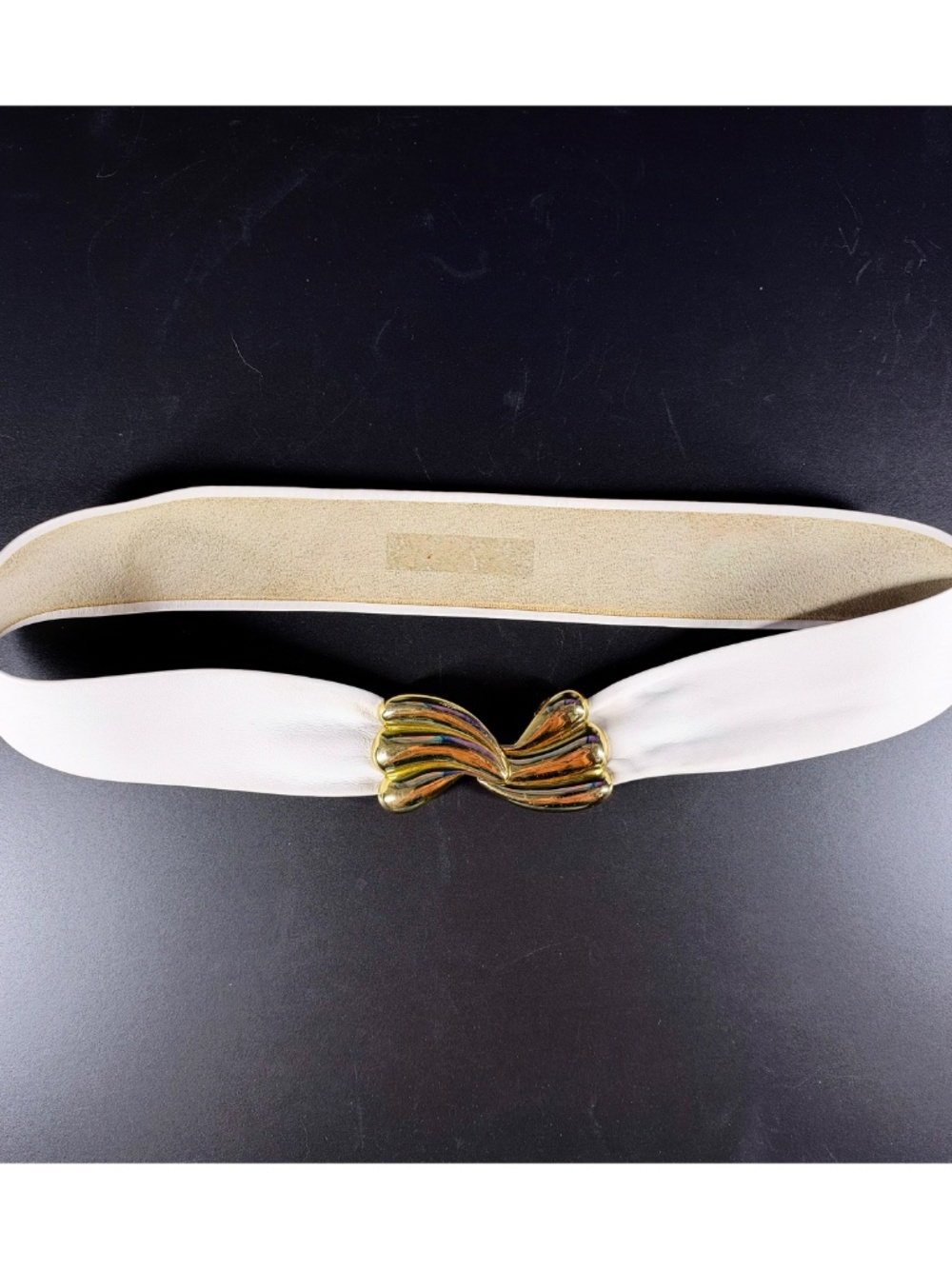 Vintage 70s 80s White Genuine Leather Belt with Gold-Tone Metal Clasp